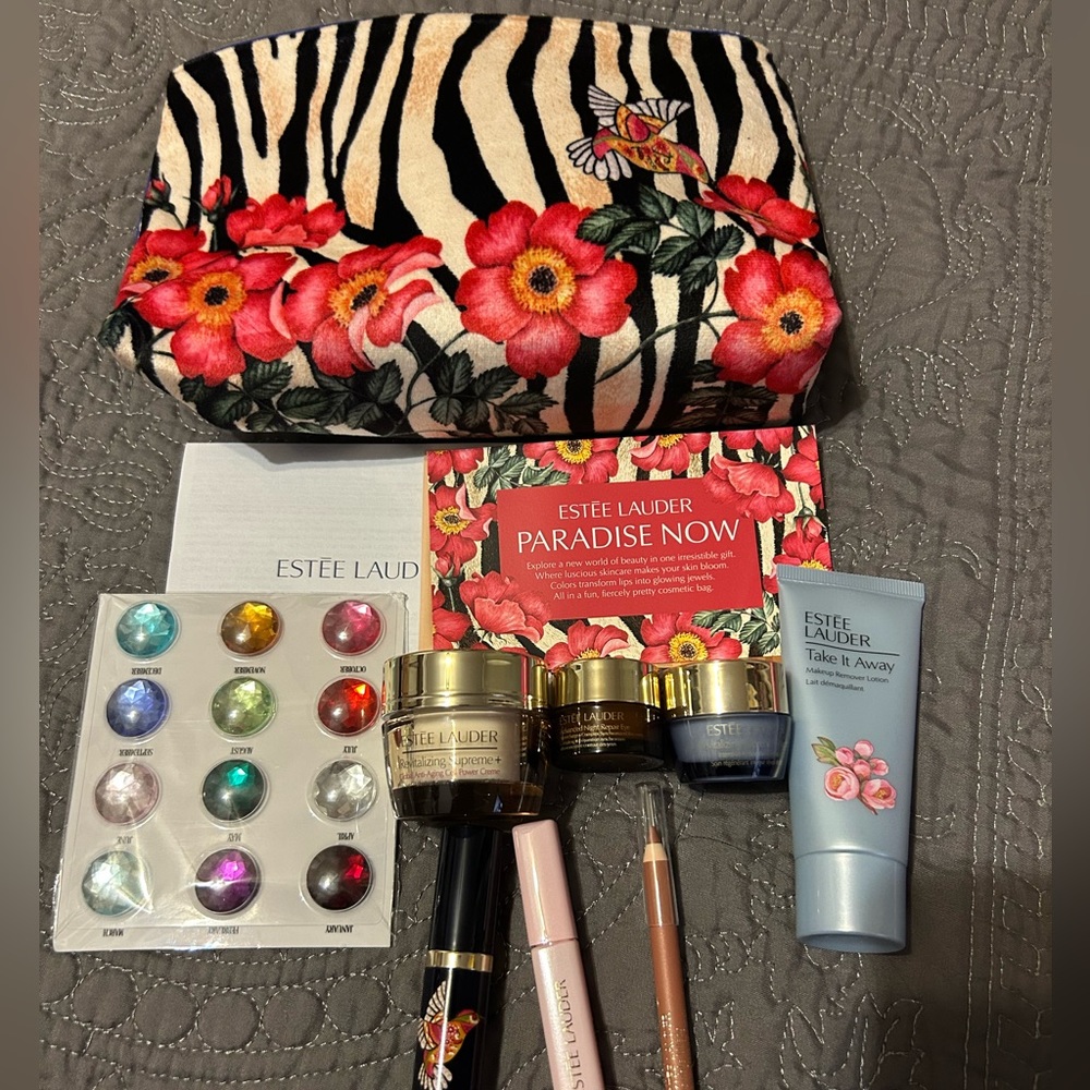 ESTEE LAUDER 7pc Cosmetic Makeup Zebra Bag
